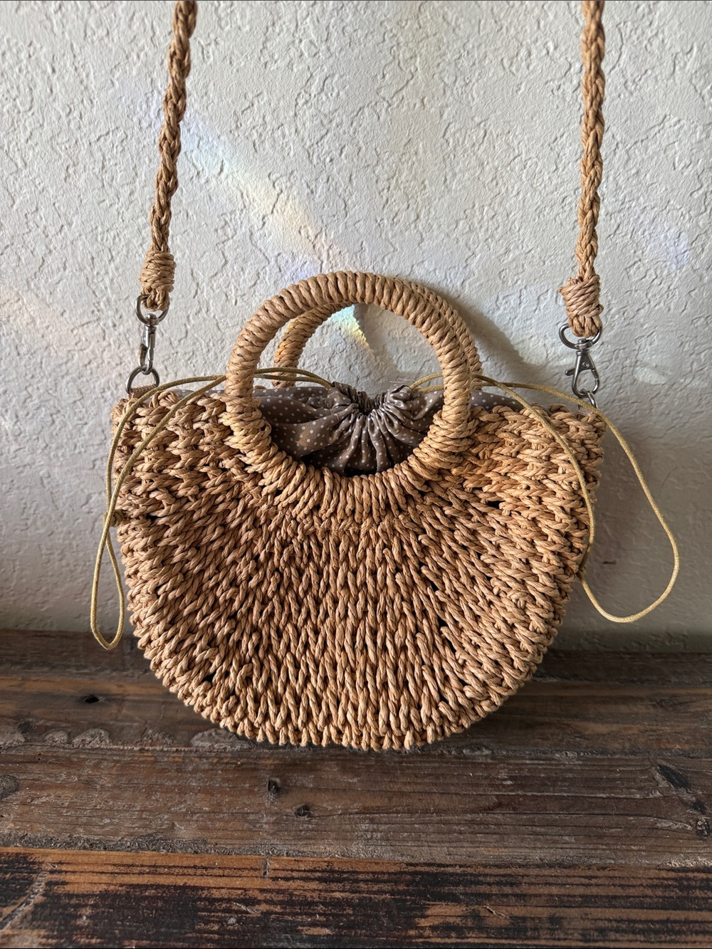 Woven Straw Circle-Handle Crossbody Bag - Natural